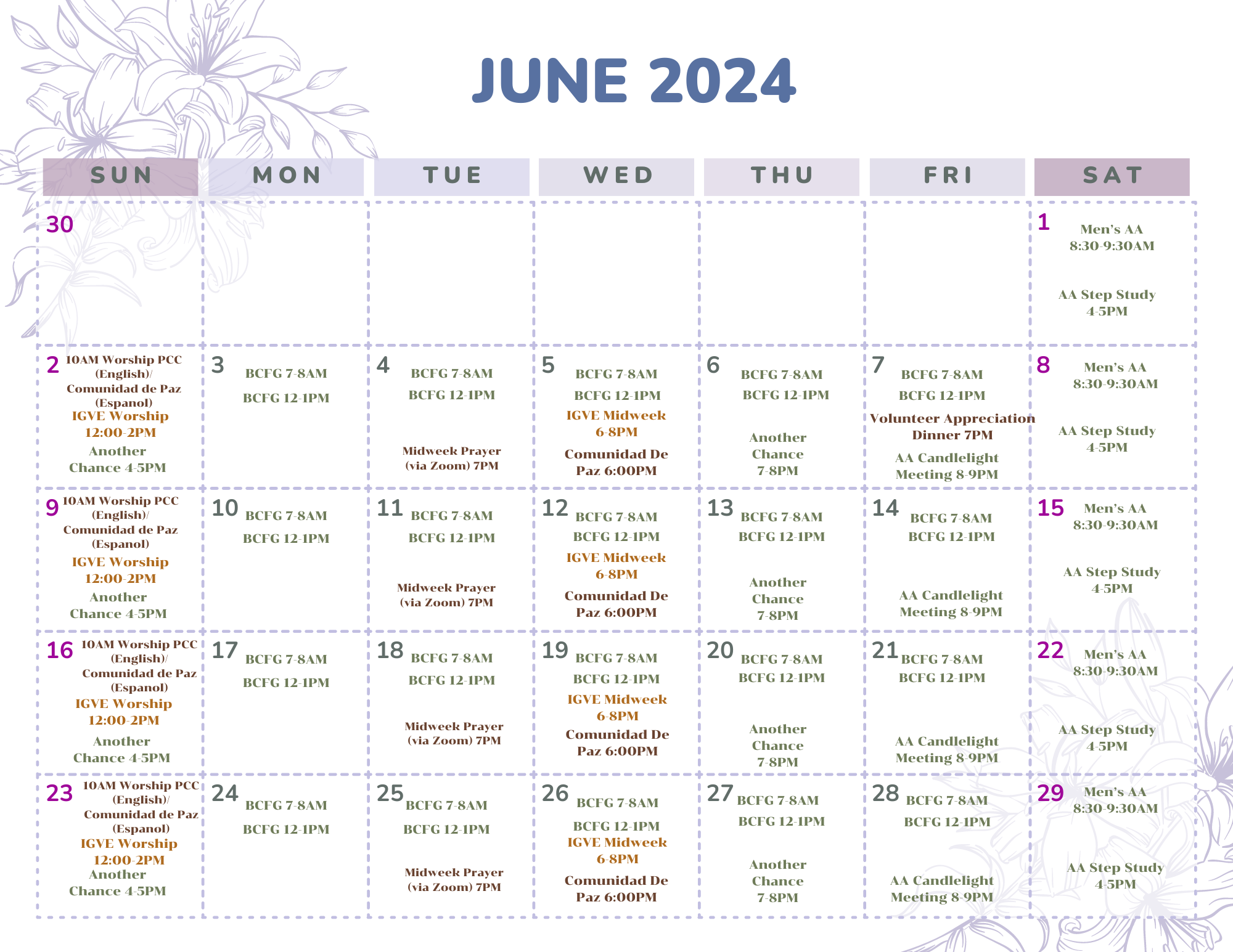 Events at PCC Peace Community Church